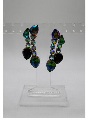 Chunky Vitrail Rhinestone Clip Earrings Blue Green Dangle AB Statement 2.5 Bold